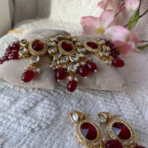 Premium Red Kundan Necklace Set with Earrings