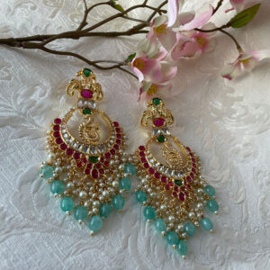 Traditional Peacock Design Kundan Chandbali Earrings with Pearl & Mint Beads